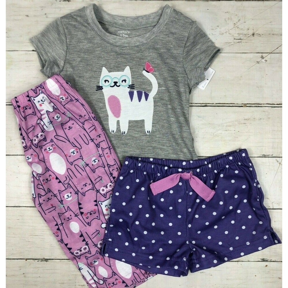NEW Carter's Girl Pajama Set 12M  purple kittens shorts pants top Purple